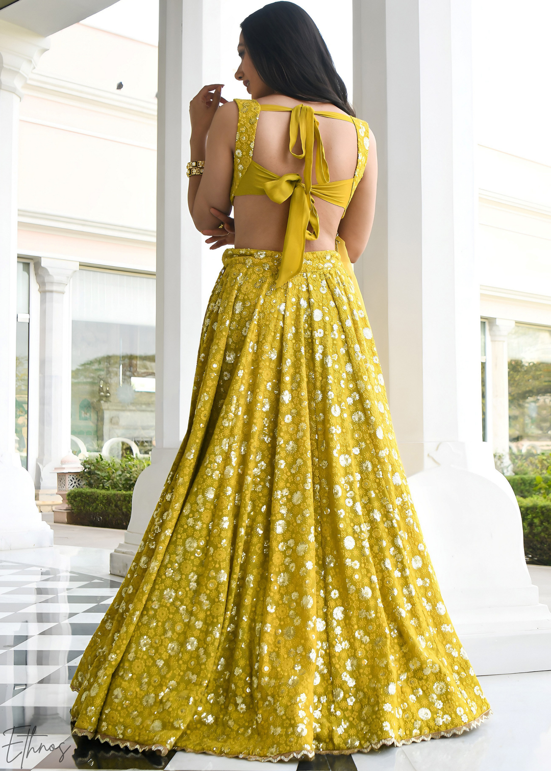 Mustard Olive Scatter-Foil Georgette Lehenga