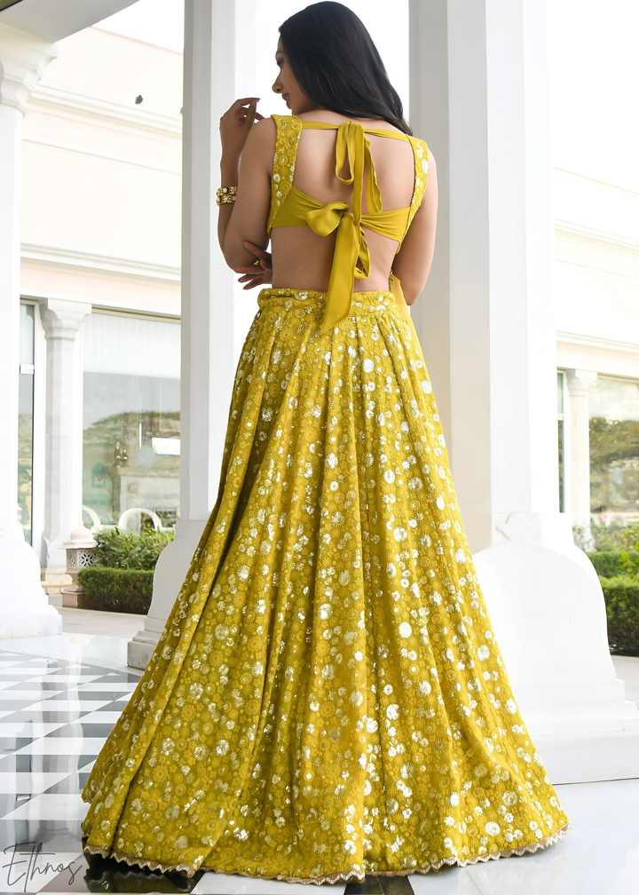 Mustard Olive Scatter-Foil Georgette Lehenga