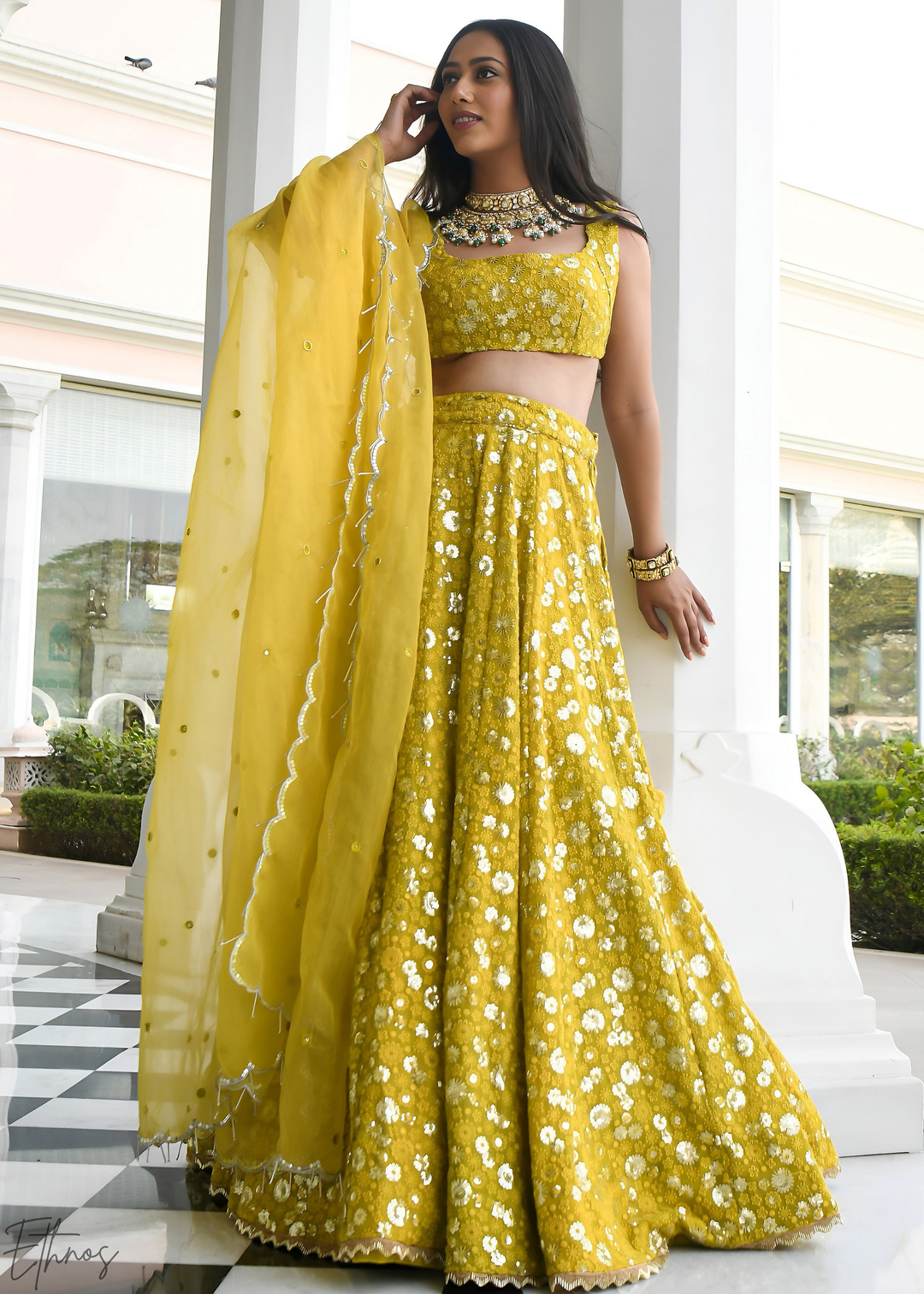 Mustard Olive Scatter-Foil Georgette Lehenga