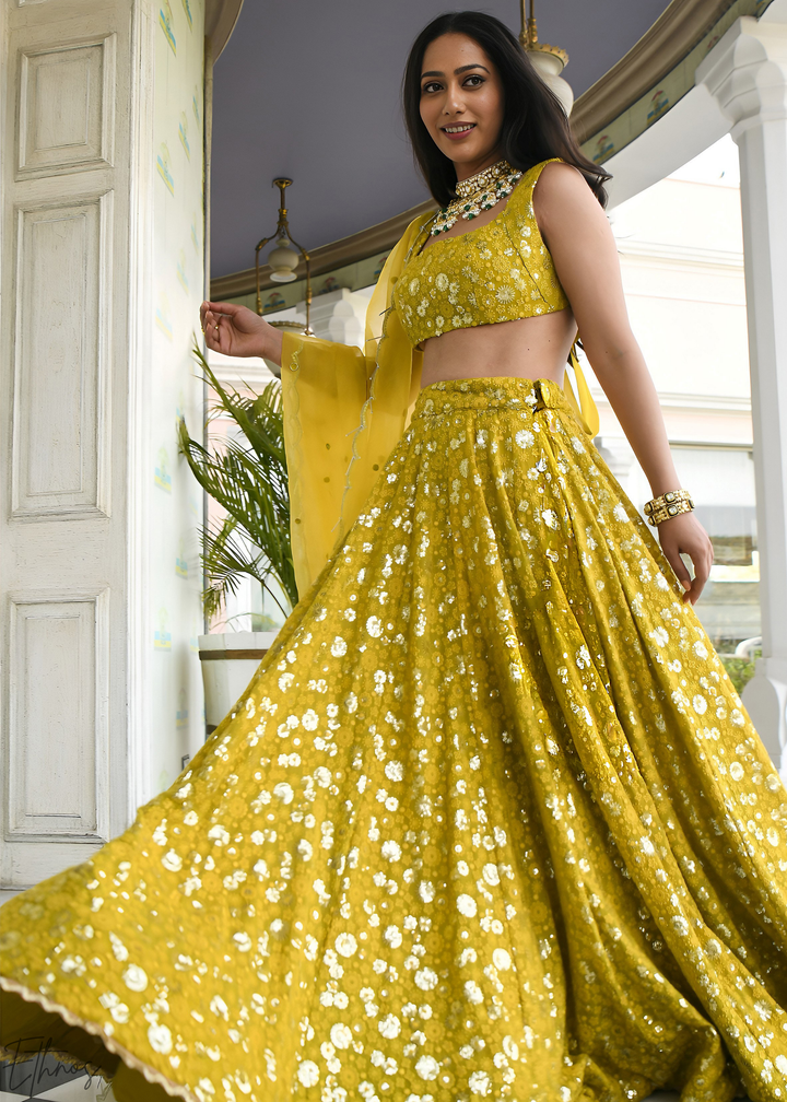 Mustard Olive Scatter-Foil Georgette Lehenga