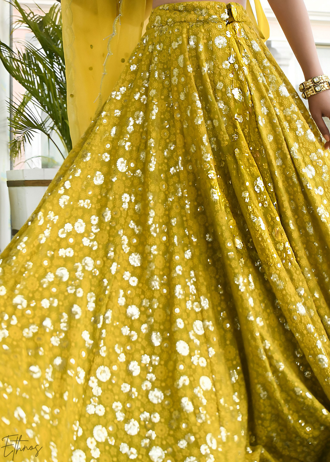 Mustard Olive Scatter-Foil Georgette Lehenga
