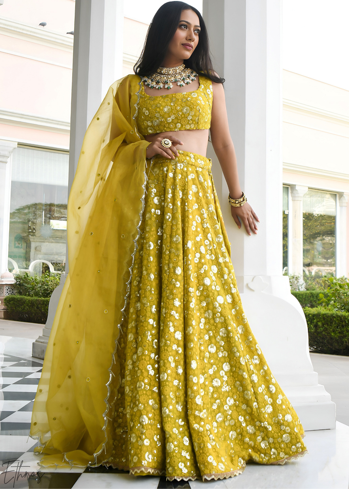 Mustard Olive Scatter-Foil Georgette Lehenga