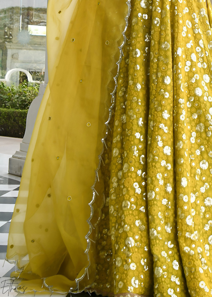 Mustard Olive Scatter-Foil Georgette Lehenga