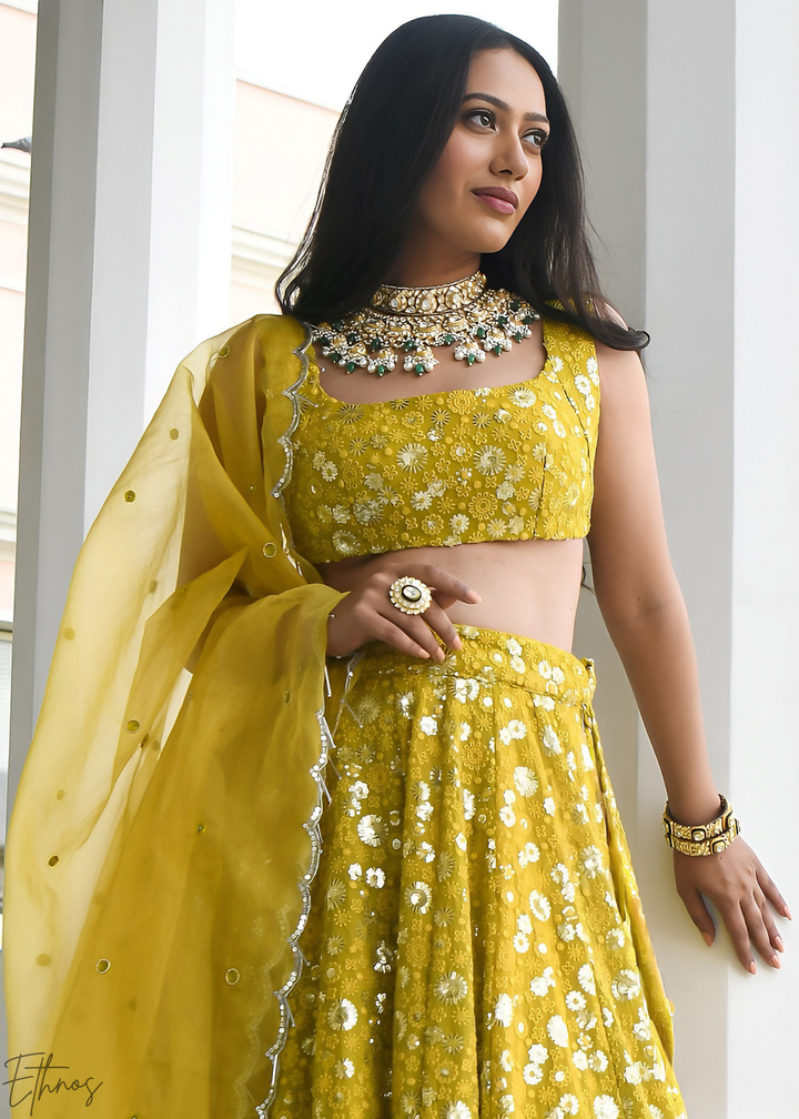 Mustard Olive Scatter-Foil Georgette Lehenga
