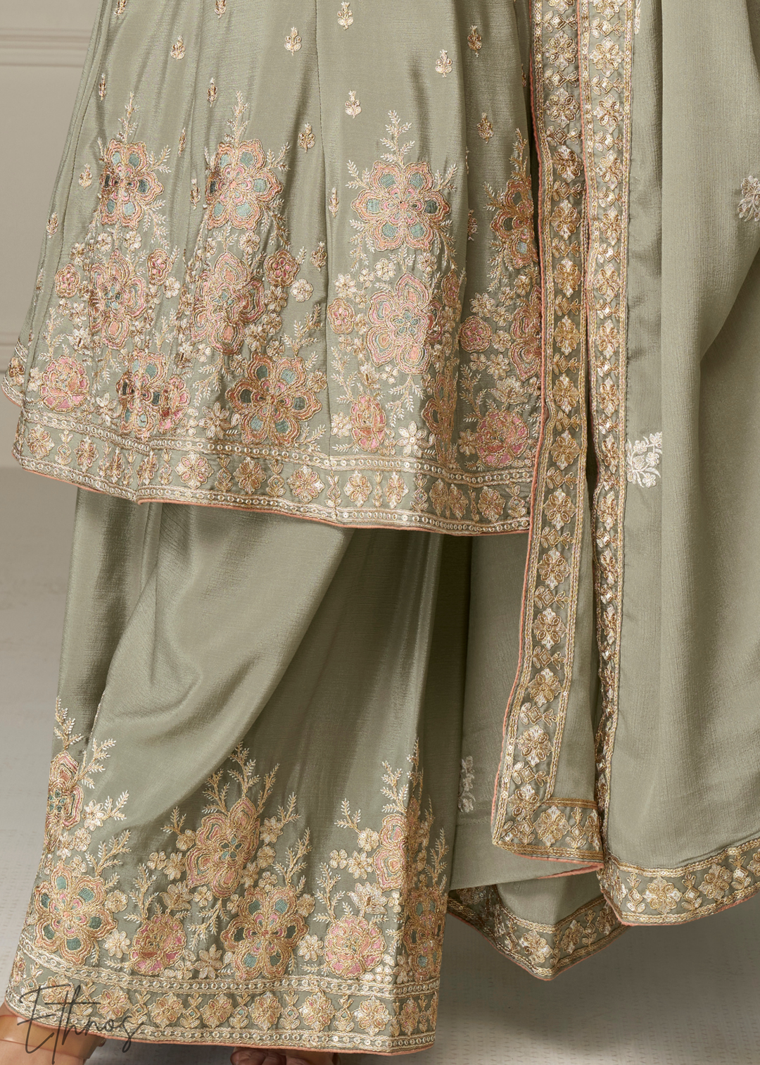 Olive Grey Chinon Palazzo Salwar Suit