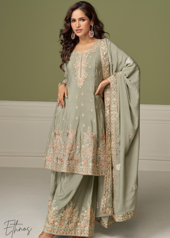 Olive Grey Chinon Palazzo Salwar Suit