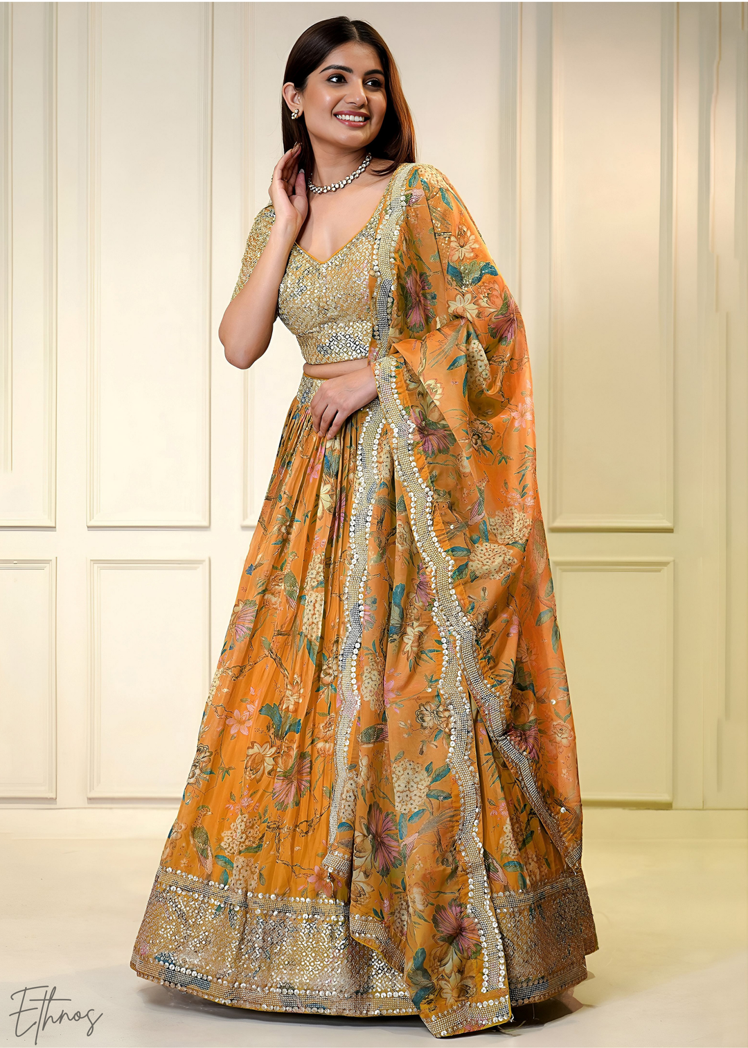 Orange Botanical Bloom Organza Lehenga