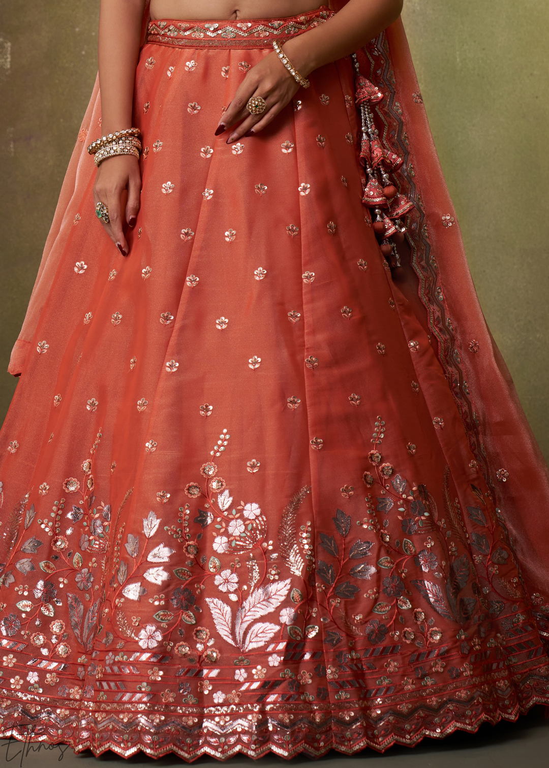 Rust Orange Sequins Organza Lehenga