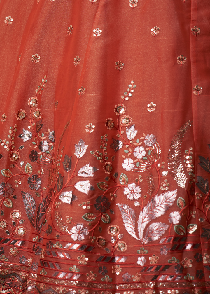 Rust Orange Sequins Organza Lehenga