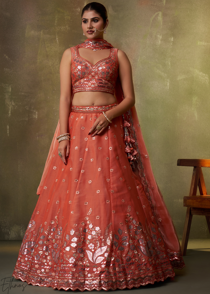 Rust Orange Sequins Organza Lehenga