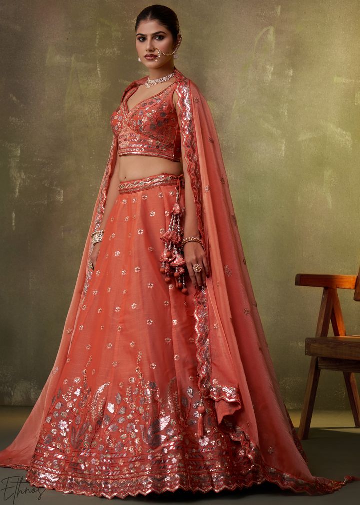 Rust Orange Sequins Organza Lehenga