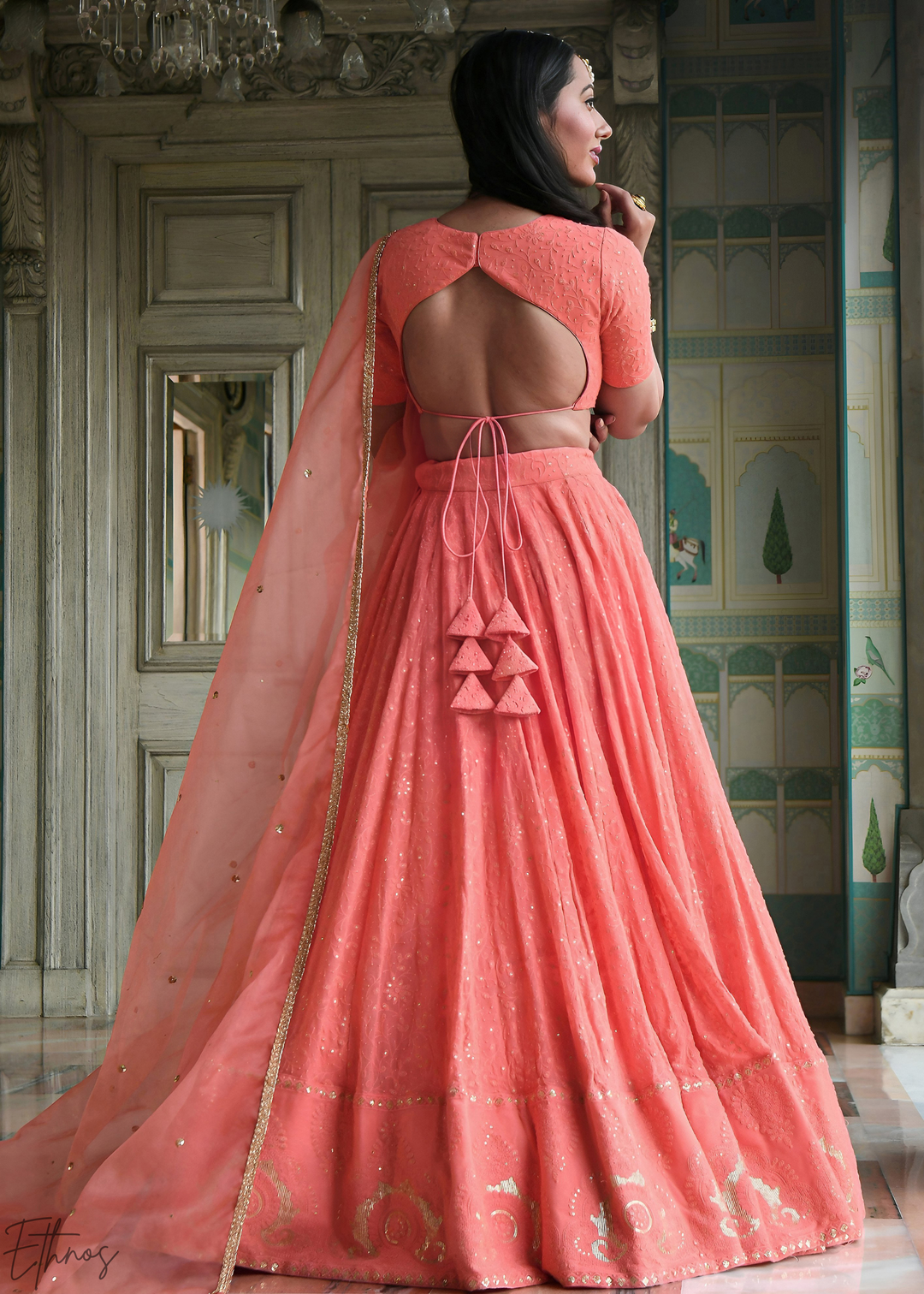 Coral Peach Linear-Stitch Georgette Lehenga