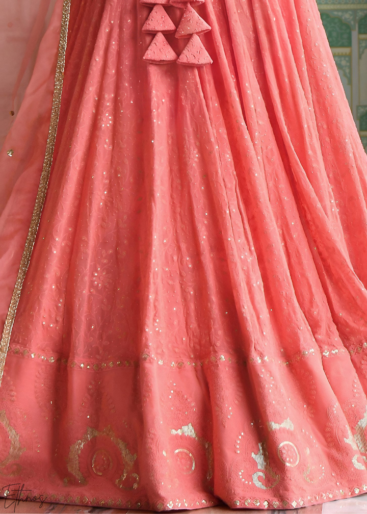Coral Peach Linear-Stitch Georgette Lehenga