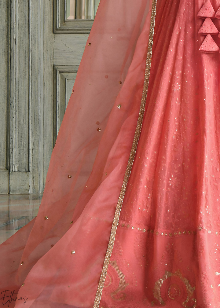 Coral Peach Linear-Stitch Georgette Lehenga