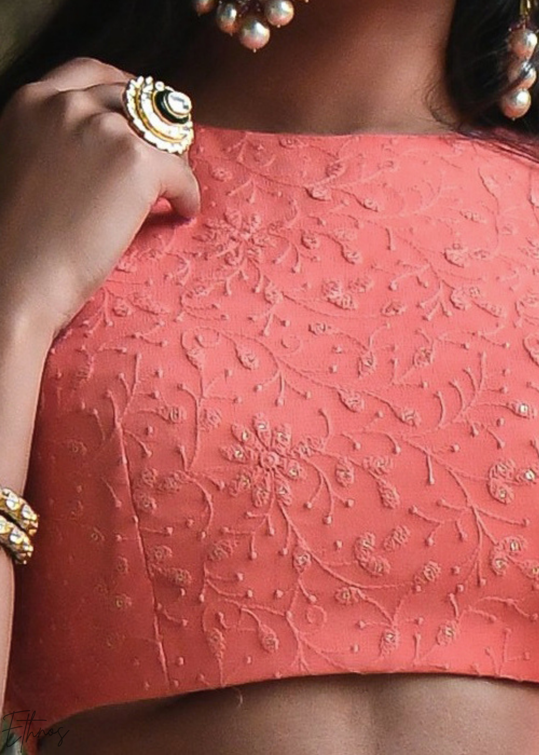 Coral Peach Linear-Stitch Georgette Lehenga