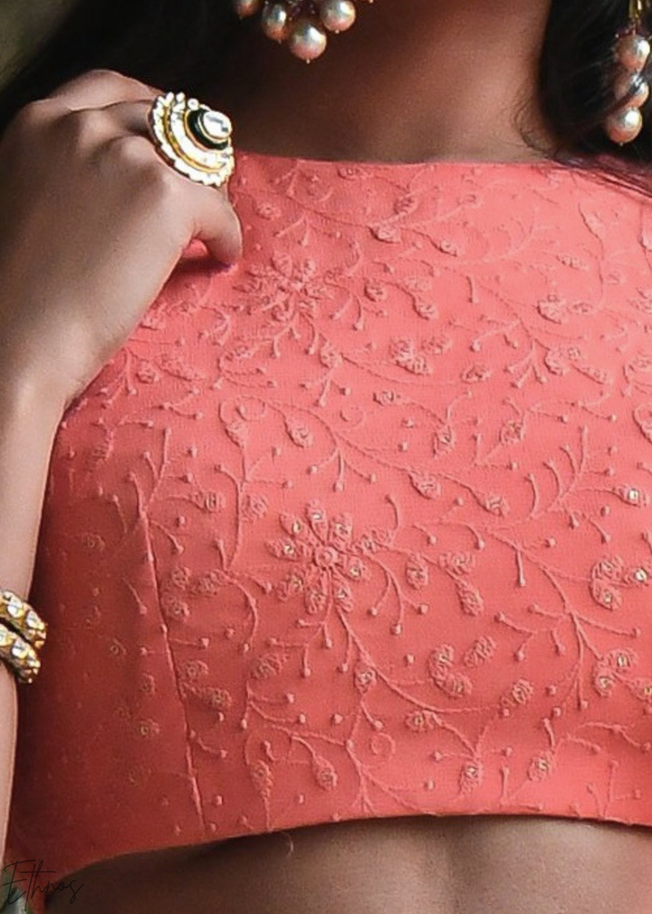 Coral Peach Linear-Stitch Georgette Lehenga