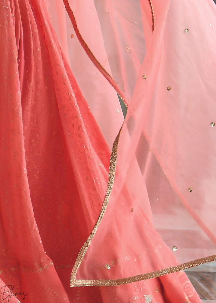 Coral Peach Linear-Stitch Georgette Lehenga