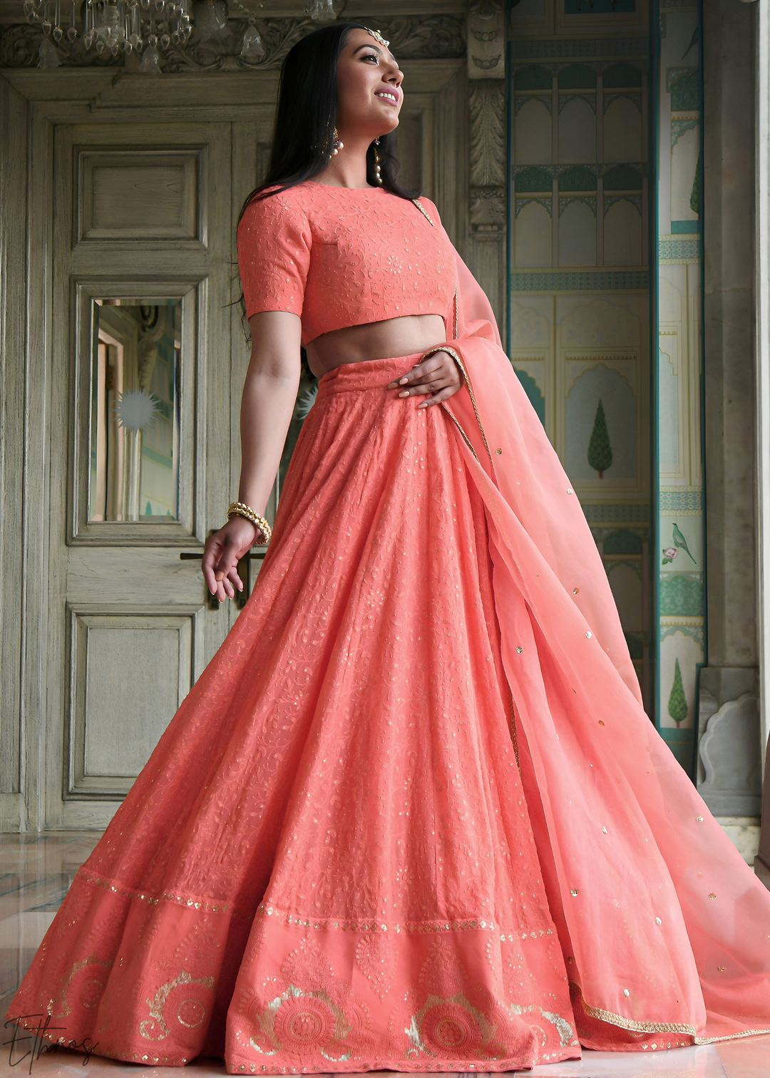 Coral Peach Linear-Stitch Georgette Lehenga