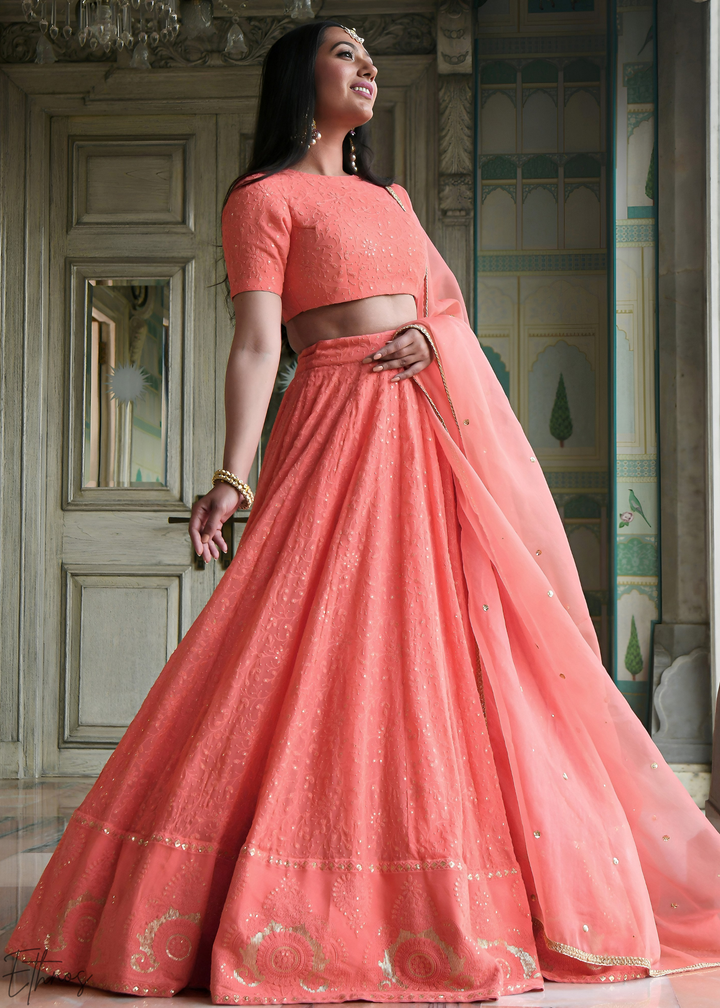 Coral Peach Linear-Stitch Georgette Lehenga