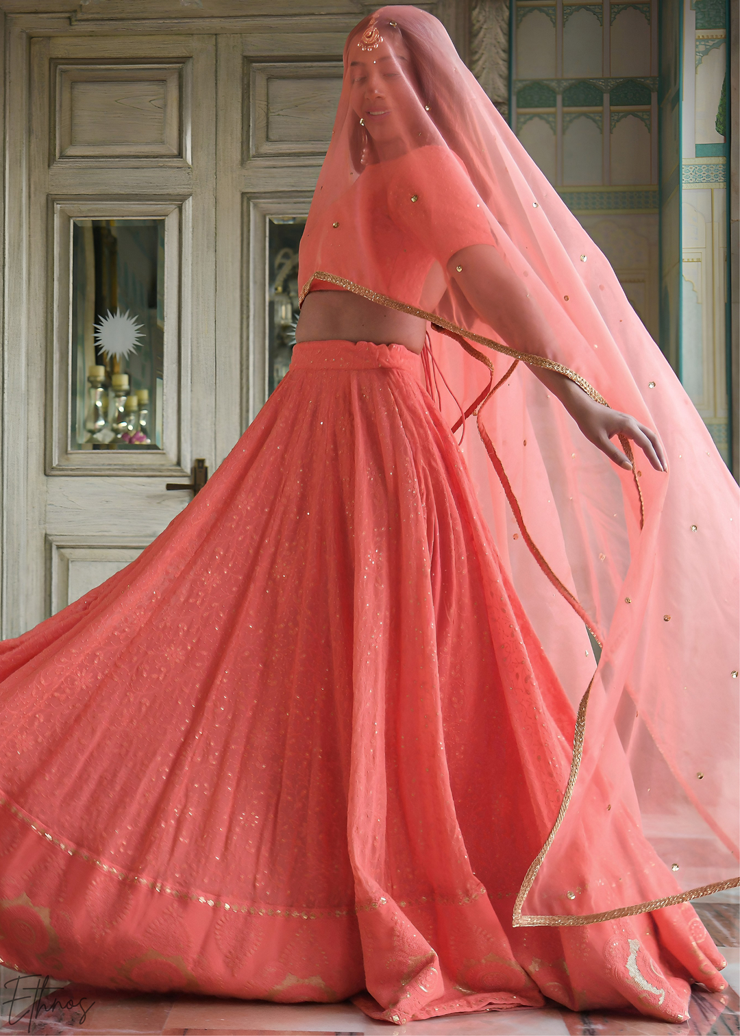 Coral Peach Linear-Stitch Georgette Lehenga