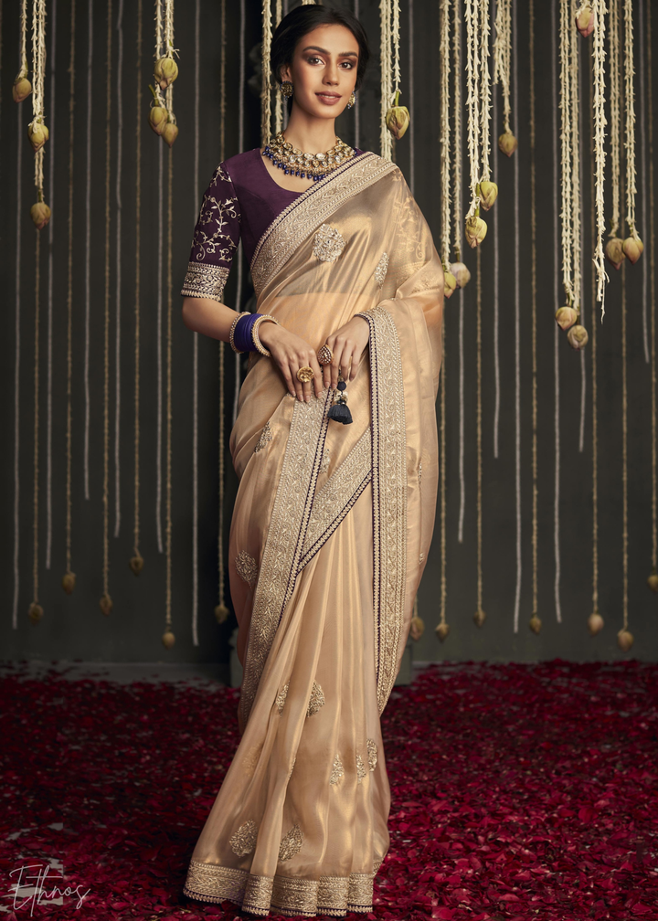 Golden Metallic Embroidered Organza Silk Saree