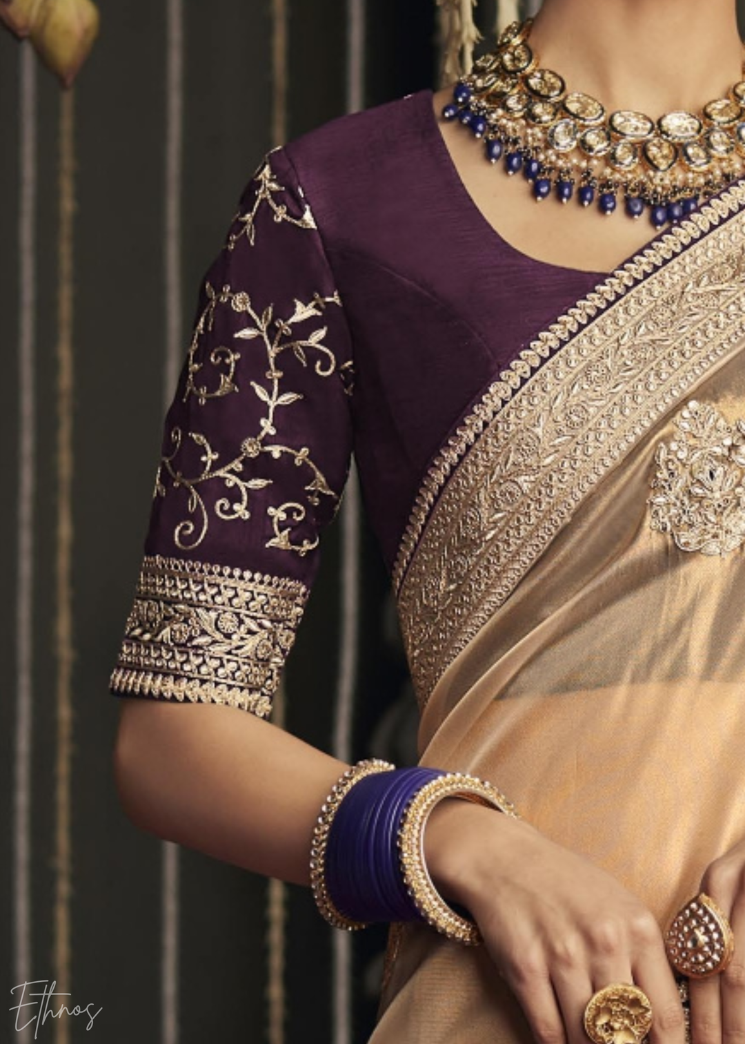 Golden Metallic Embroidered Organza Silk Saree