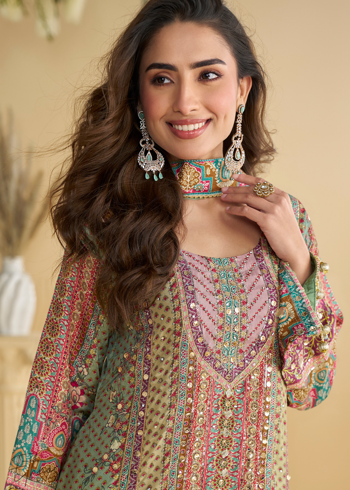 Peach & Green Crepe Silk Palazzo Salwar Suit