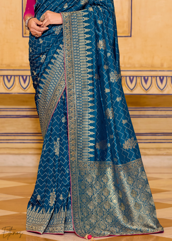 Peacock Blue Zari Crepe Silk Saree