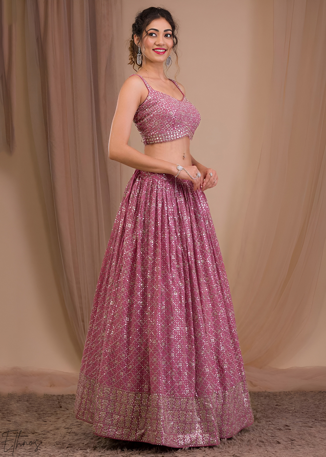 Orchid Pink Vertical-Stripe Georgette Lehenga