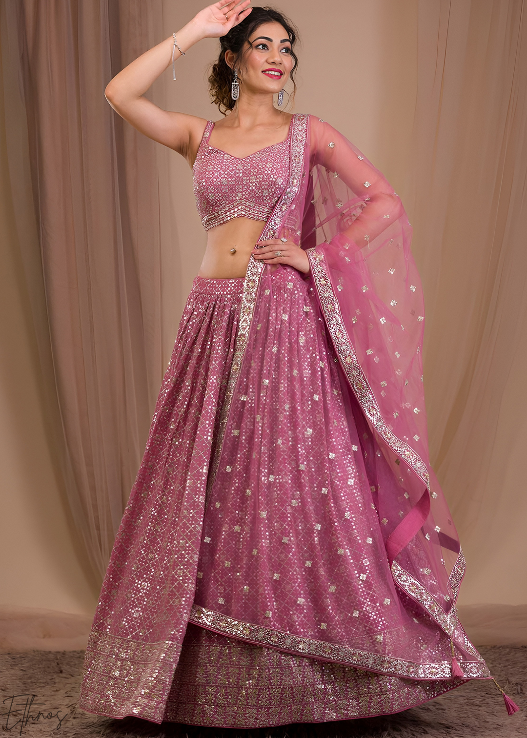 Orchid Pink Vertical-Stripe Georgette Lehenga