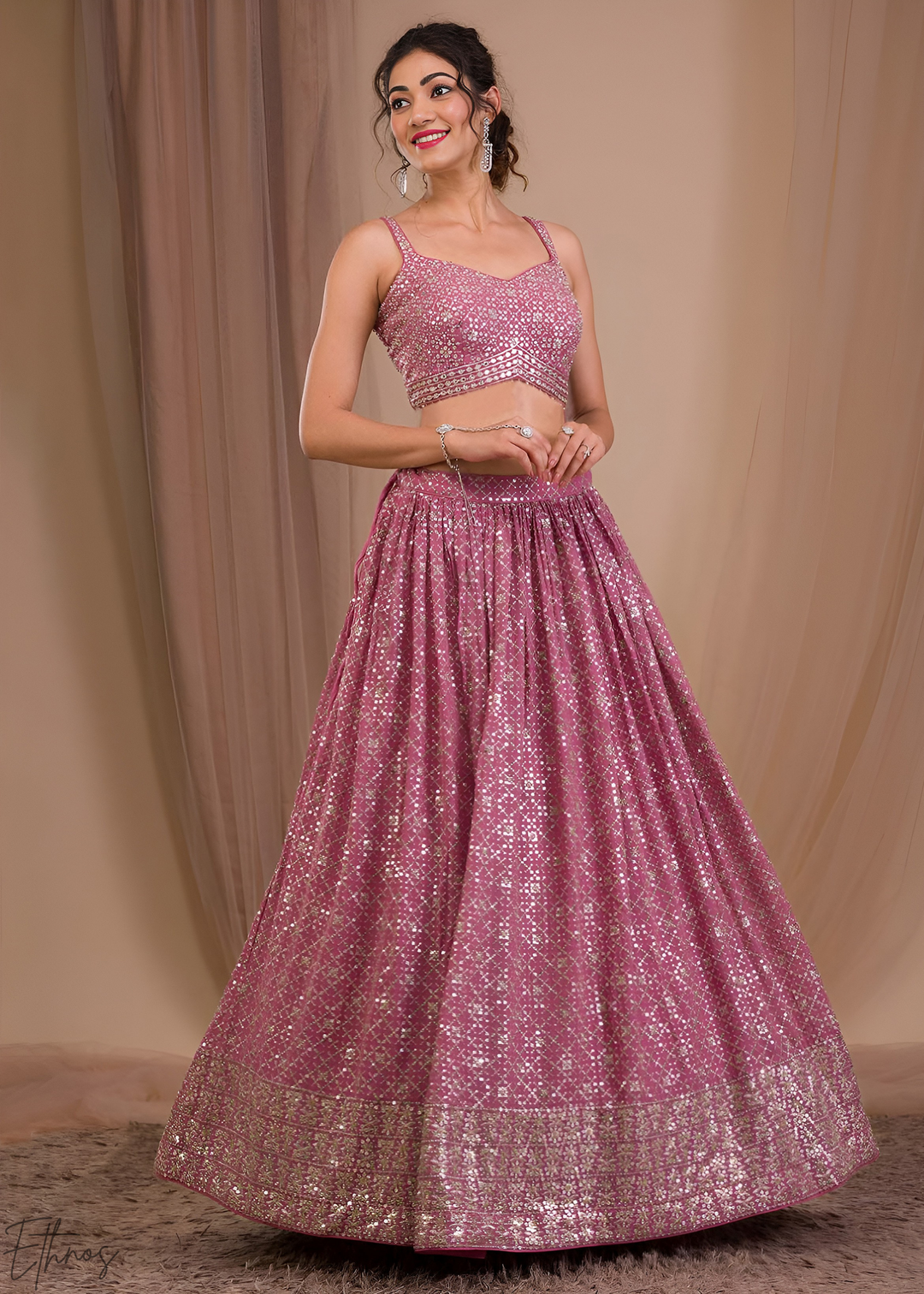 Orchid Pink Vertical-Stripe Georgette Lehenga
