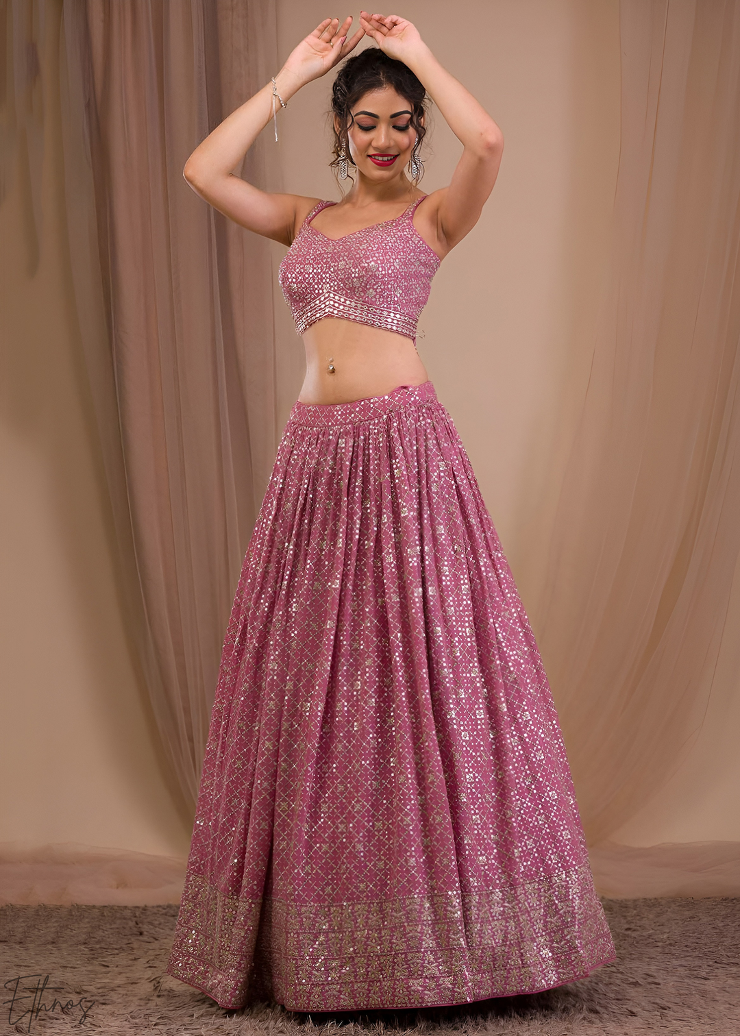 Orchid Pink Vertical-Stripe Georgette Lehenga