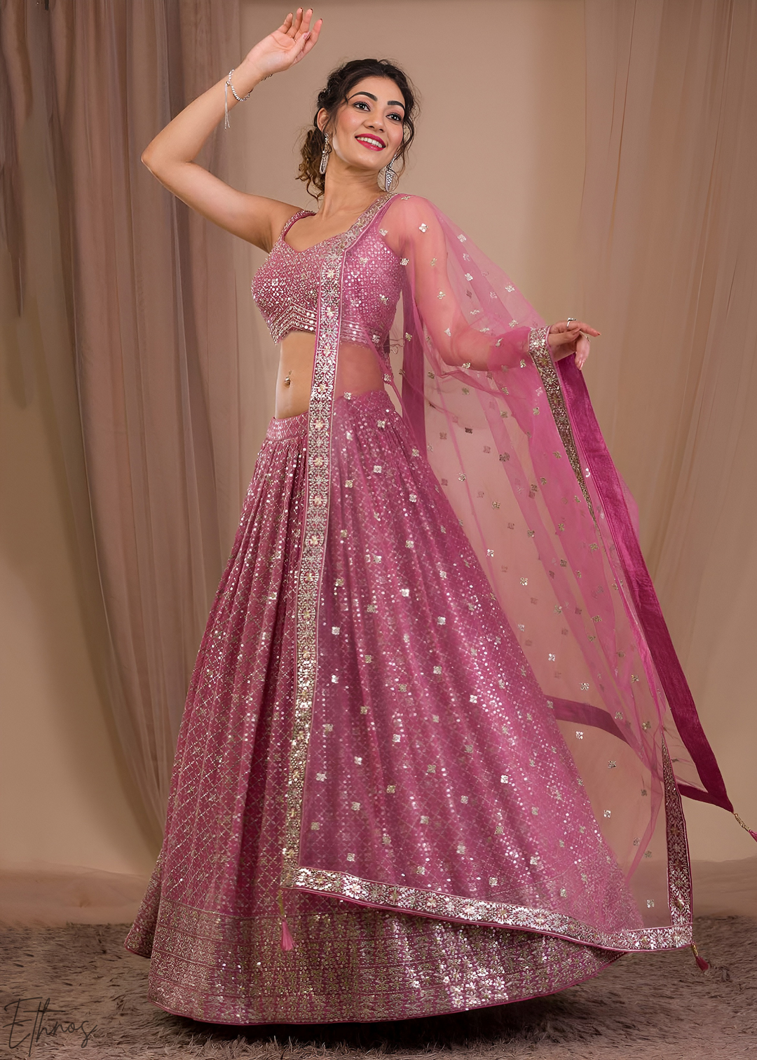 Orchid Pink Vertical-Stripe Georgette Lehenga