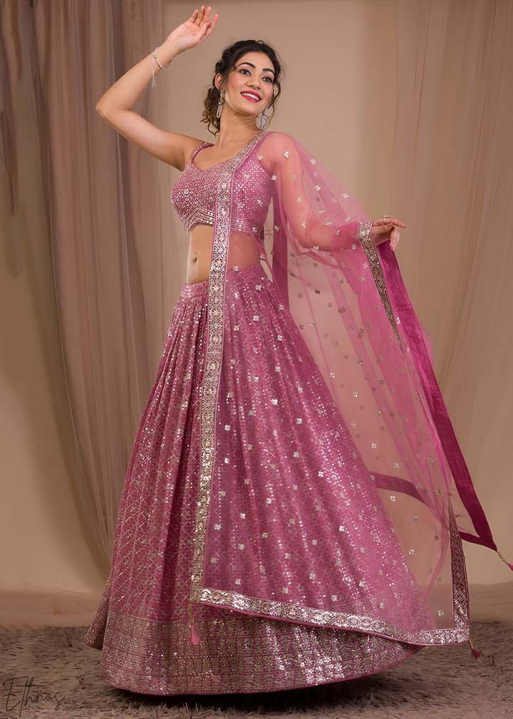 Orchid Pink Vertical-Stripe Georgette Lehenga