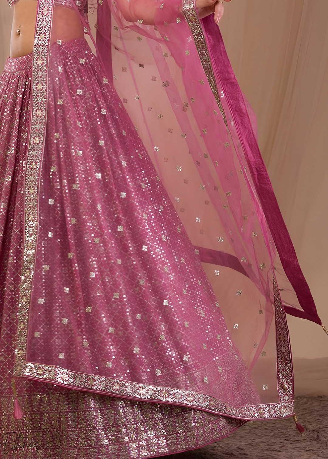 Orchid Pink Vertical-Stripe Georgette Lehenga
