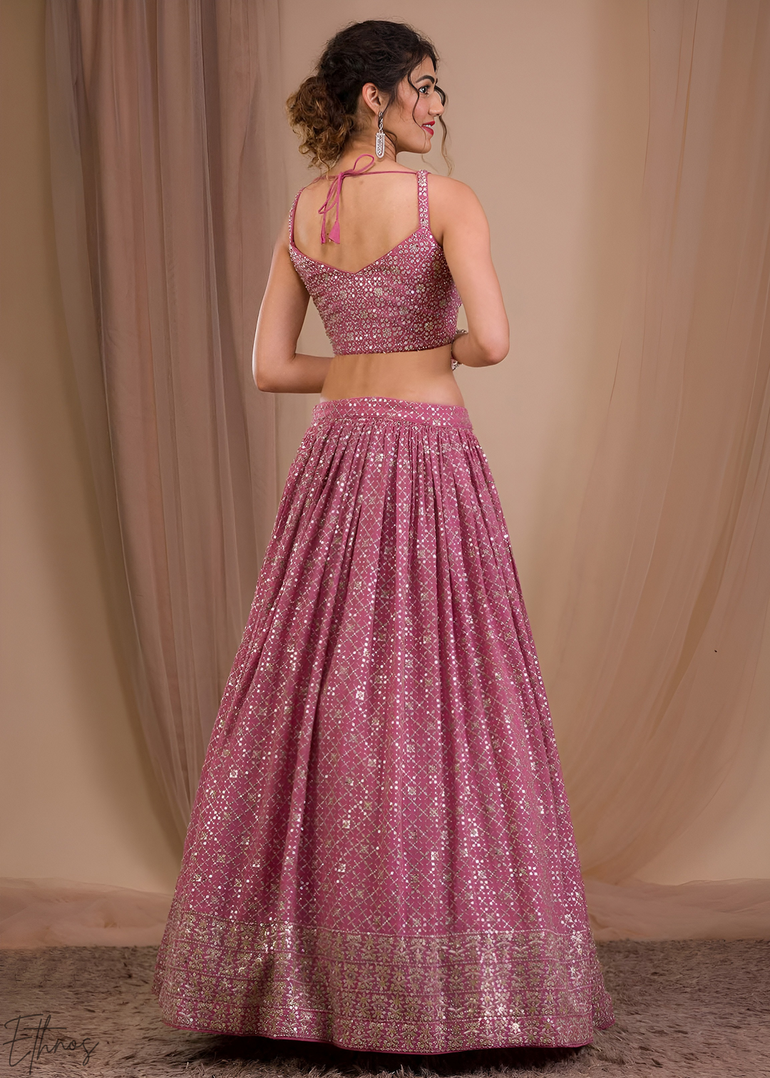 Orchid Pink Vertical-Stripe Georgette Lehenga