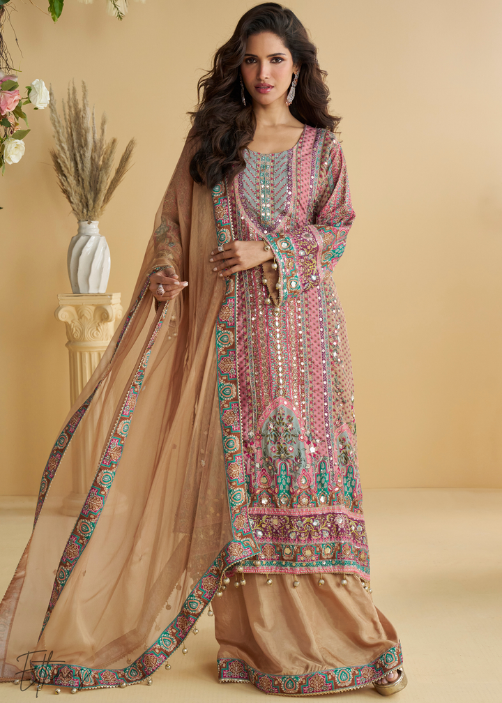 Pink & Beige Crepe Silk Palazzo Salwar Suit