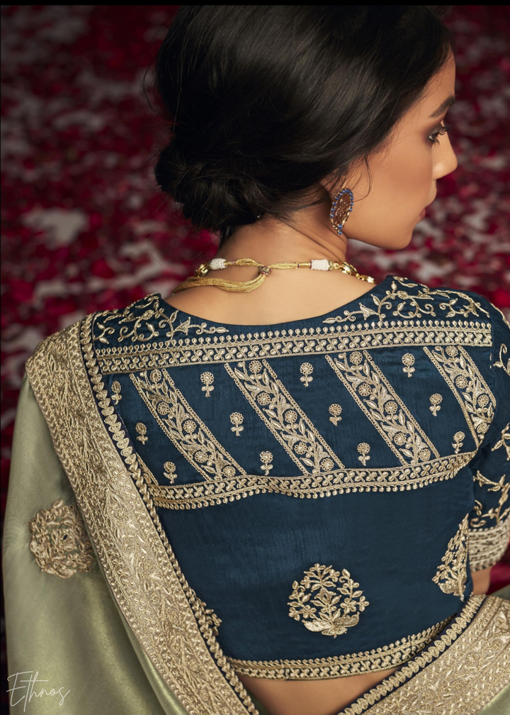 Pistachio Green Metallic Embroidered Organza Silk Saree