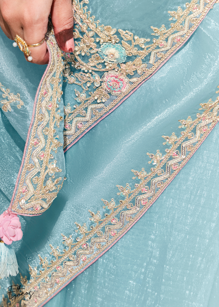 Powder Blue Glass Tissue Organza Saree
