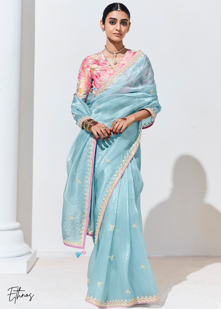 Powder Blue Glass Tissue Organza Saree