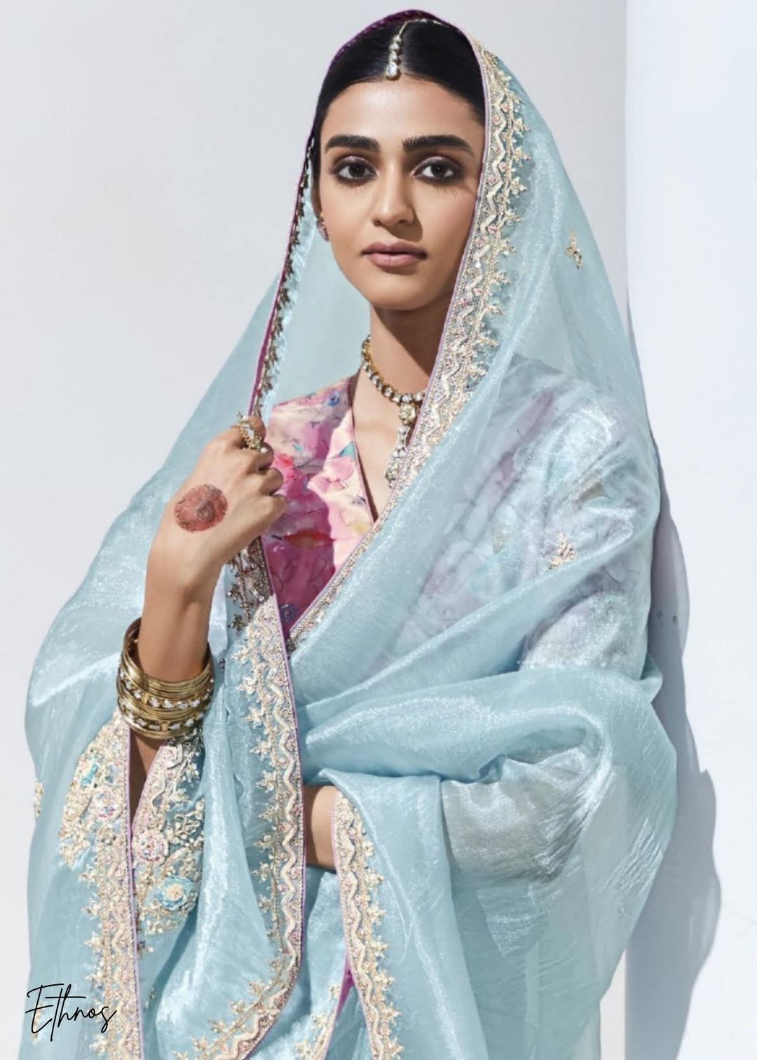 Powder Blue Glass Tissue Organza Saree