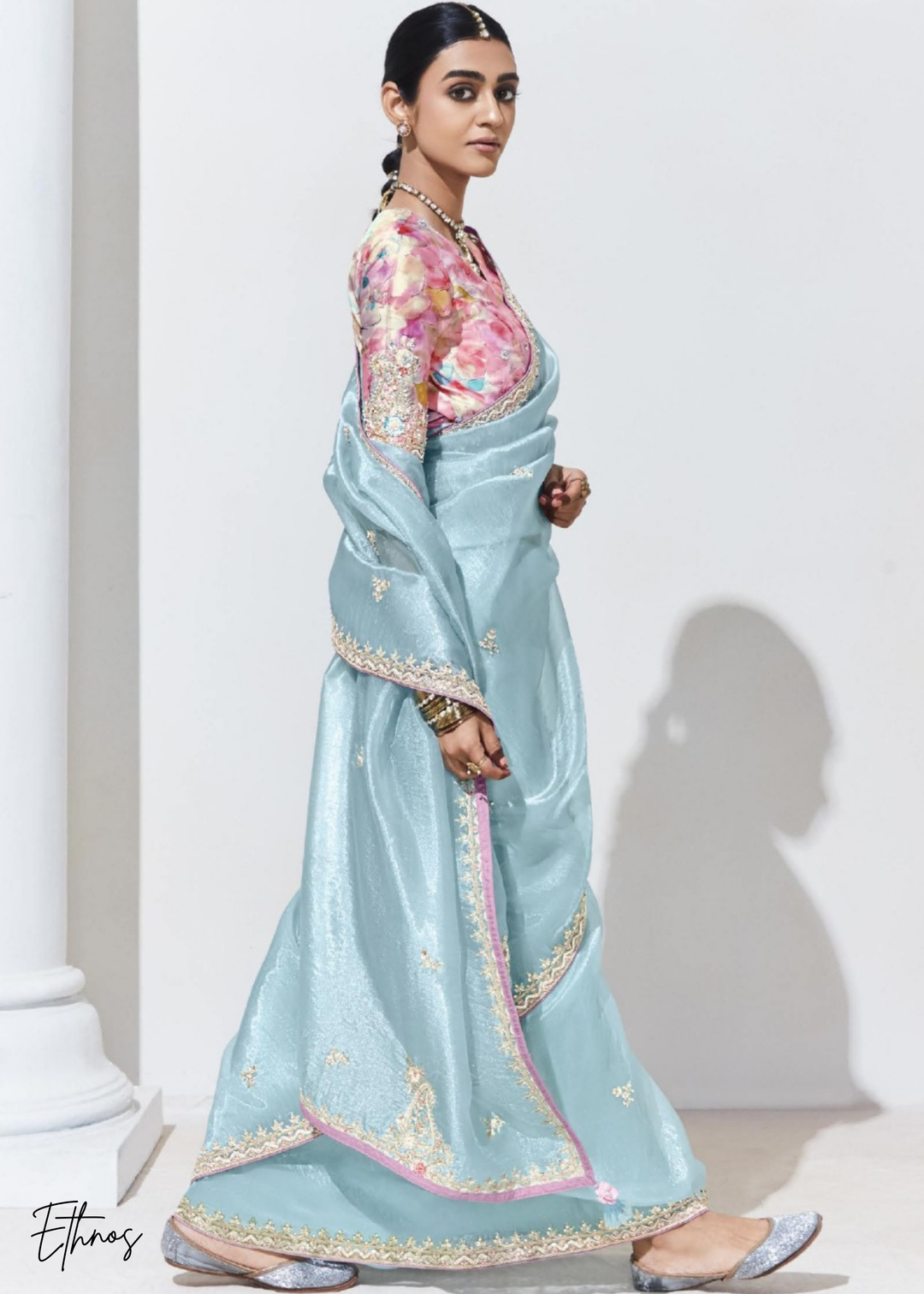 Powder Blue Glass Tissue Organza Saree