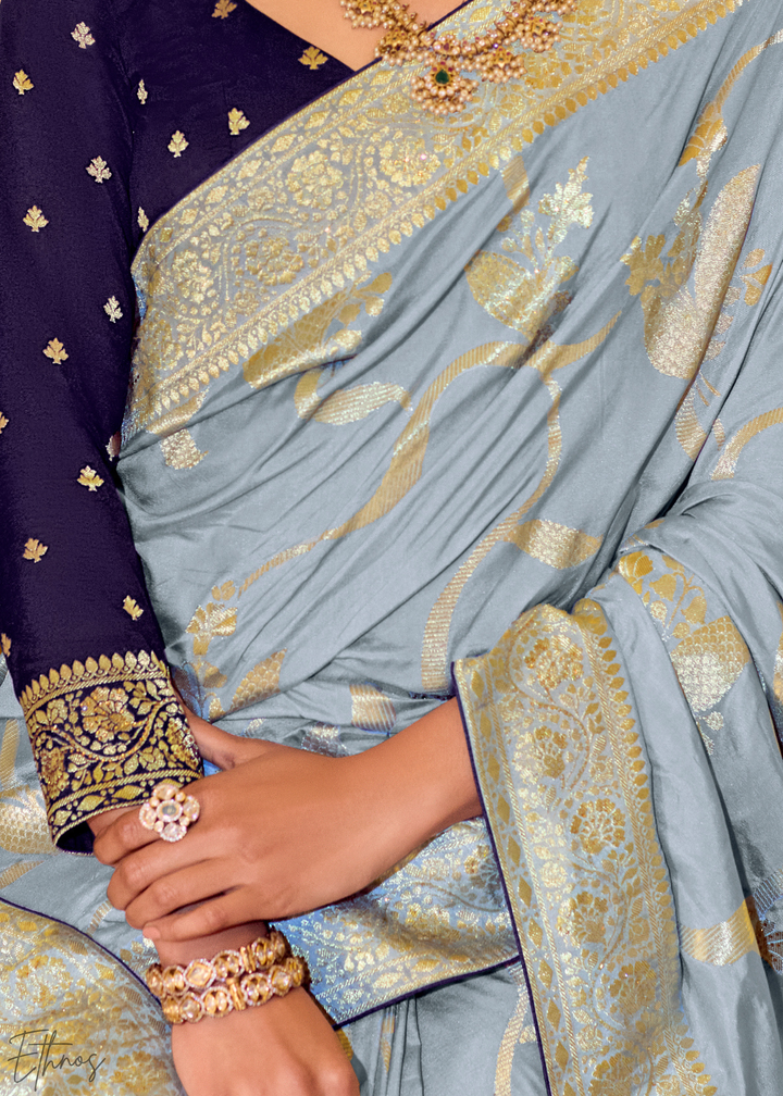 Powder Blue Zari Crepe Silk Sareee