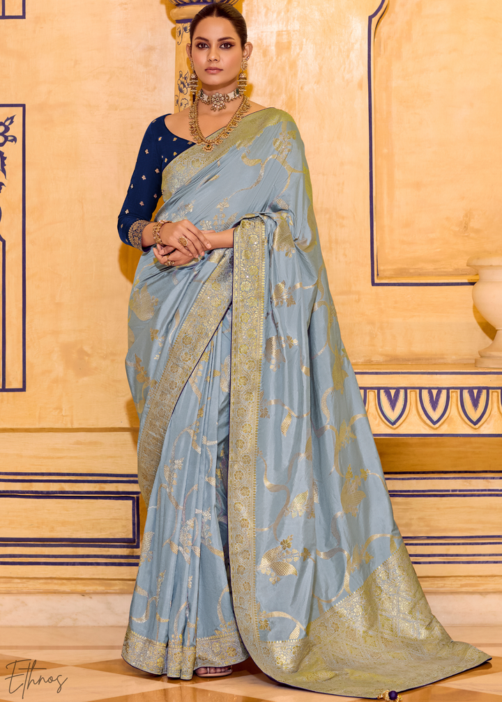 Powder Blue Zari Crepe Silk Sareee