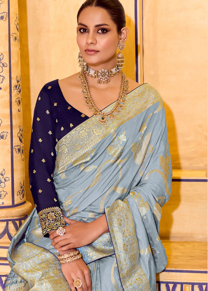 Powder Blue Zari Crepe Silk Sareee