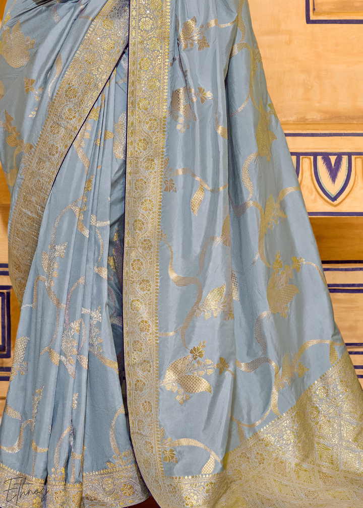 Powder Blue Zari Crepe Silk Sareee