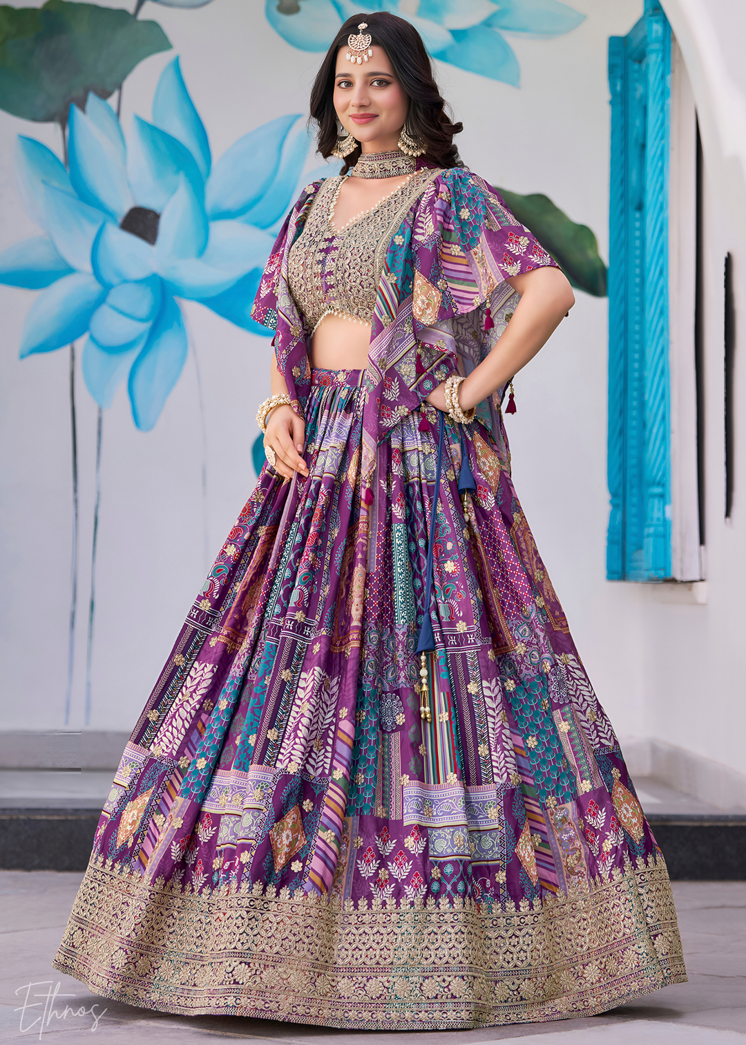 Multi-colored Poly-Viscose Printed Lehenga