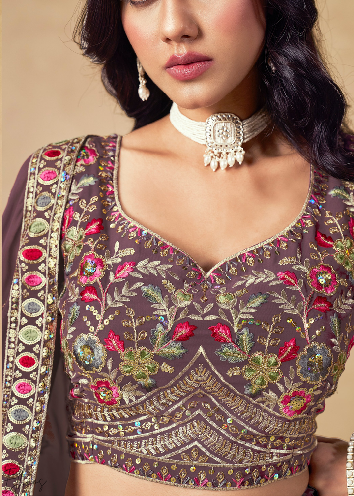 Dusty Purple Sequins Embroidered Georgette Lehenga