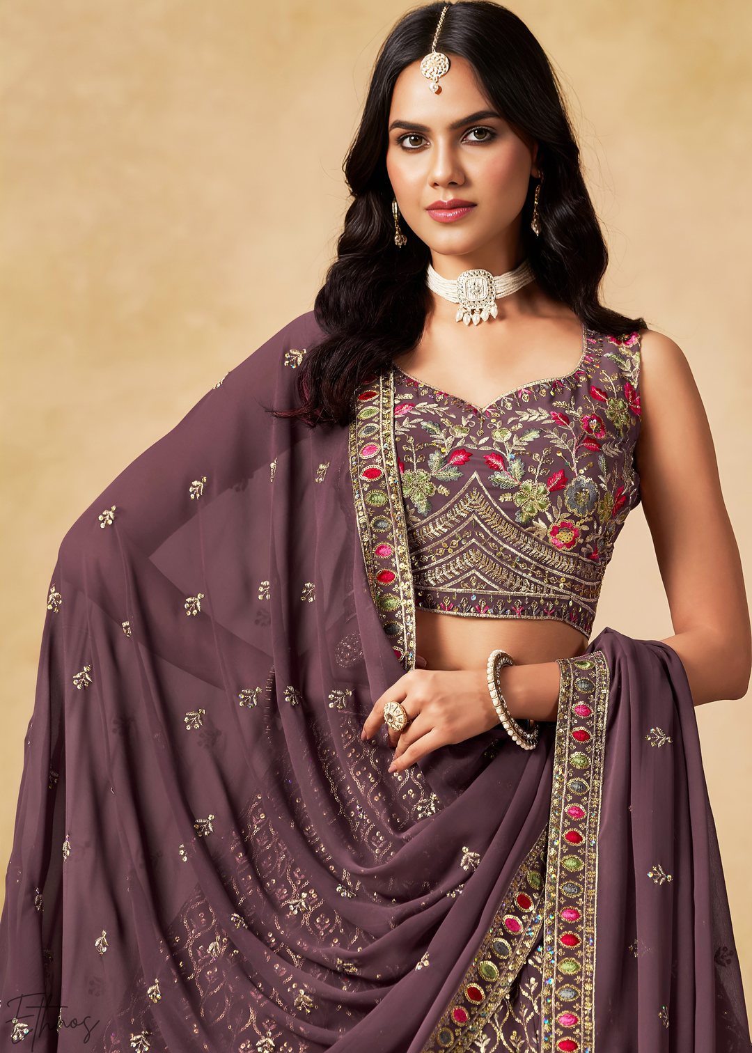 Dusty Purple Sequins Embroidered Georgette Lehenga