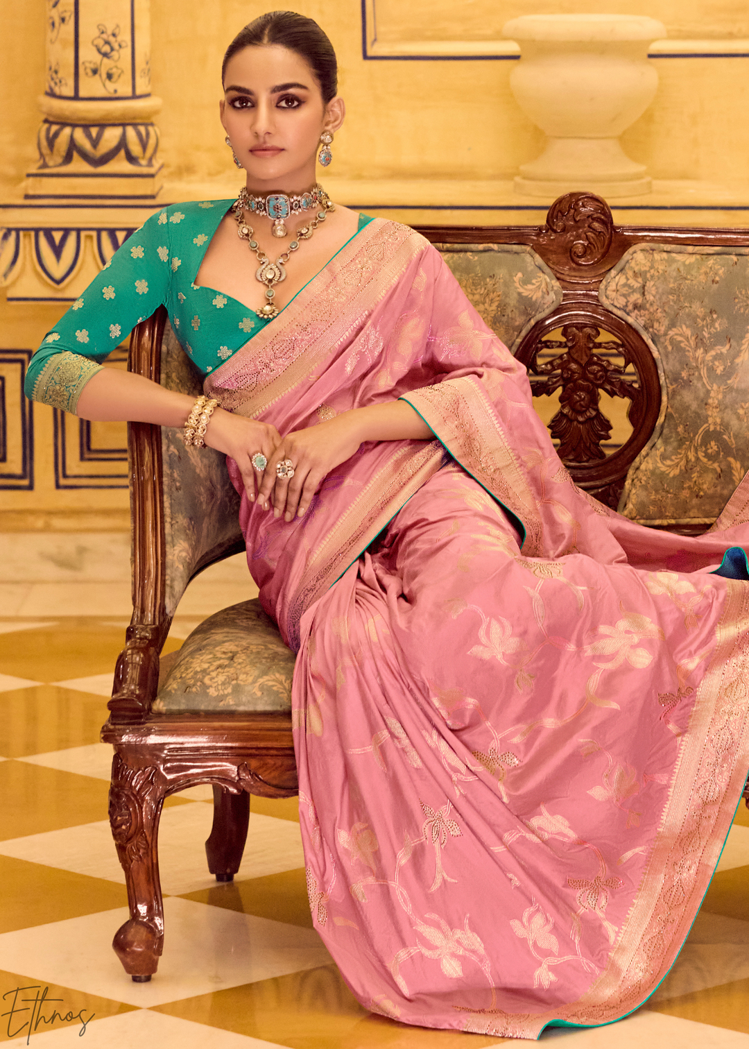 Rose Pink Zari Crepe Silk Saree